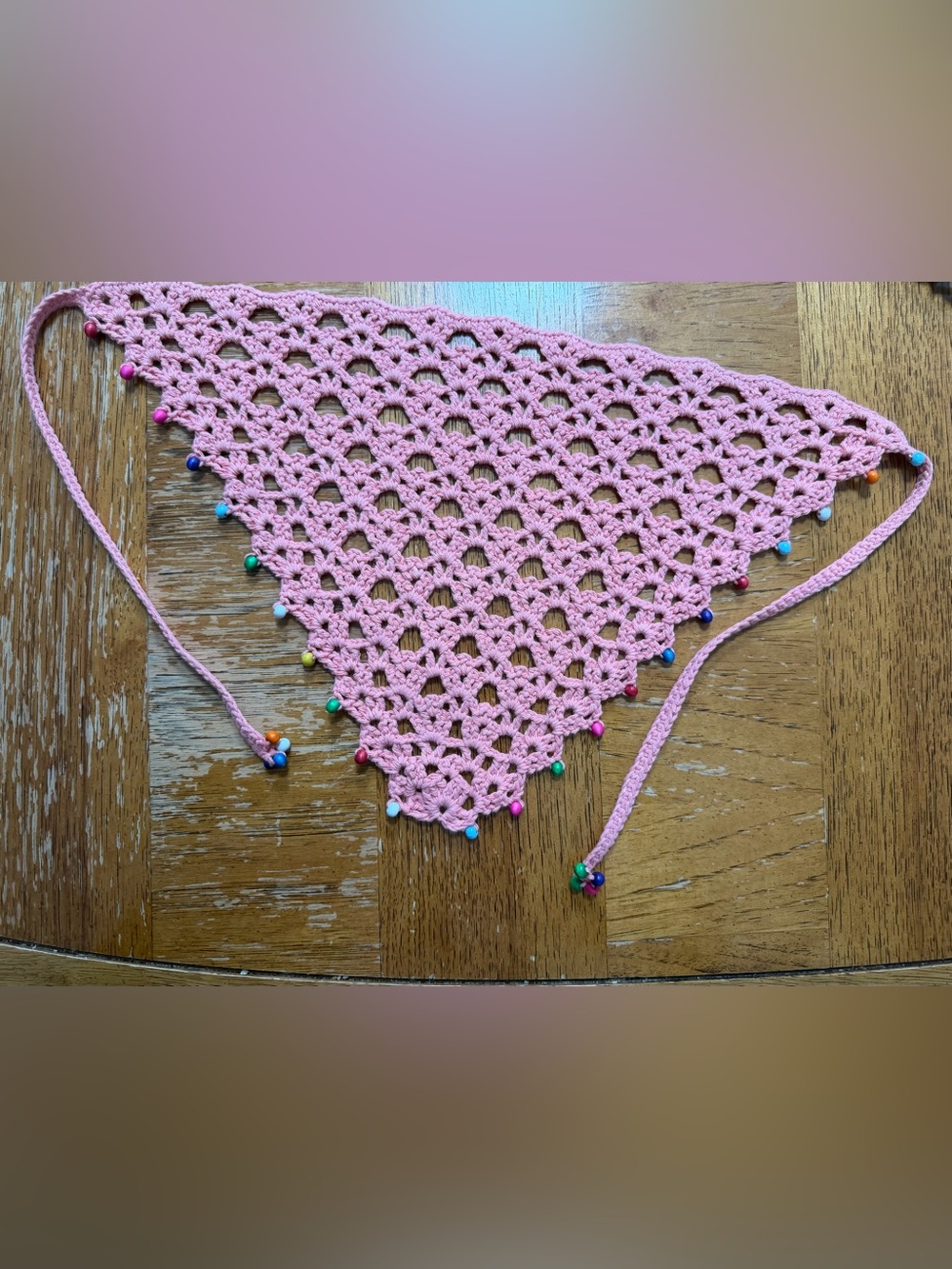 Pink Handmade Crochet Bandana with colorful beads